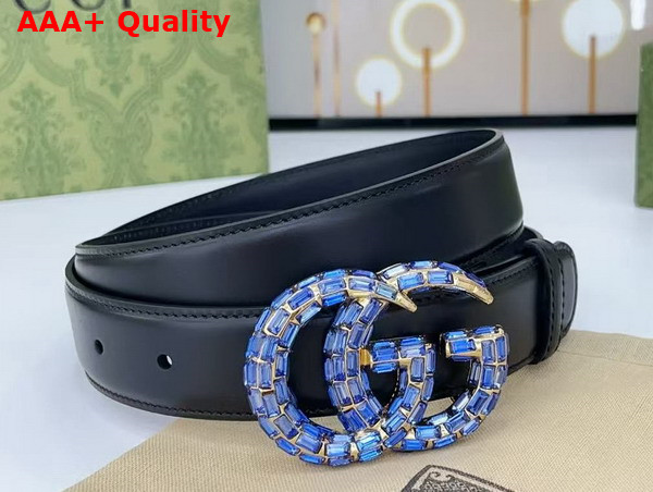 Gucci GG Marmont Thin Belt with Crystals in Dark Blue Leather 772651 Replica