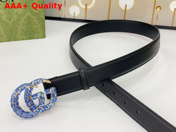 Gucci GG Marmont Thin Belt with Crystals in Dark Blue Leather 772651 Replica
