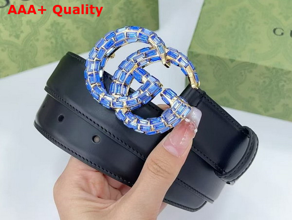 Gucci GG Marmont Thin Belt with Crystals in Dark Blue Leather 772651 Replica