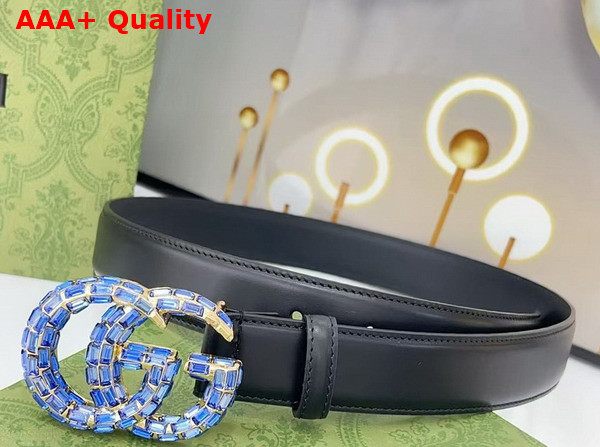 Gucci GG Marmont Thin Belt with Crystals in Dark Blue Leather 772651 Replica