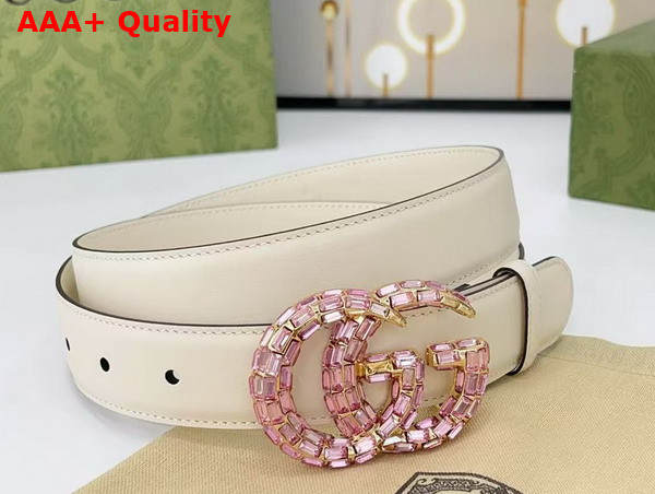 Gucci GG Marmont Thin Belt with Crystals in White Leather 772651 Replica