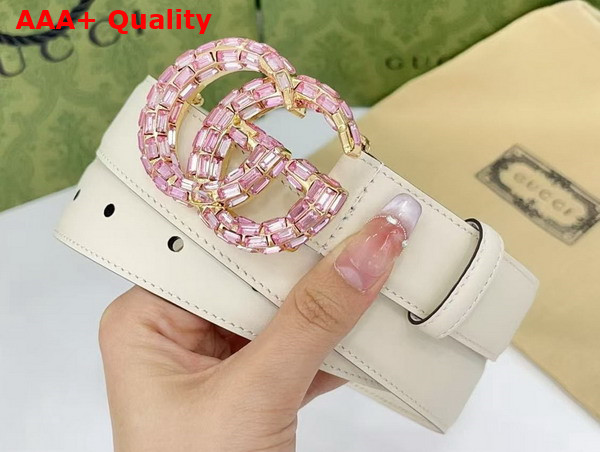 Gucci GG Marmont Thin Belt with Crystals in White Leather 772651 Replica