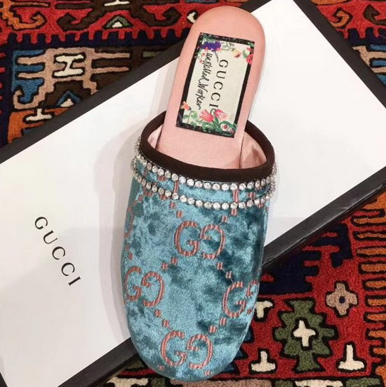 Gucci GG Velvet Slipper in Blue GG Velvet with Crystal Embroidered Trim