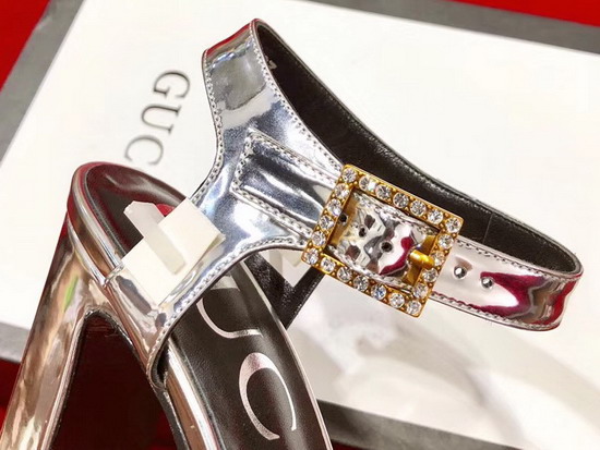 Gucci High Heel Leather Sandal Plain Toe Metallic Silver