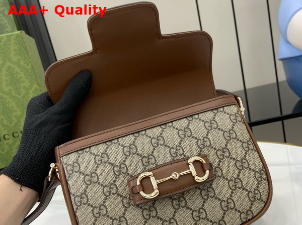 Gucci Horsebit 1955 Soft Mini Shoulder Bag in Beige and Dark Brown New GG Monogram Coated Fabric and Brown Leather Trim 815205 Replica