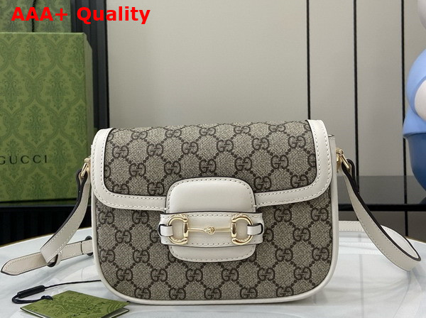 Gucci Horsebit 1955 Soft Mini Shoulder Bag in Beige and Dark Brown New GG Monogram Coated Fabric and White Leather Trim 815205 Replica