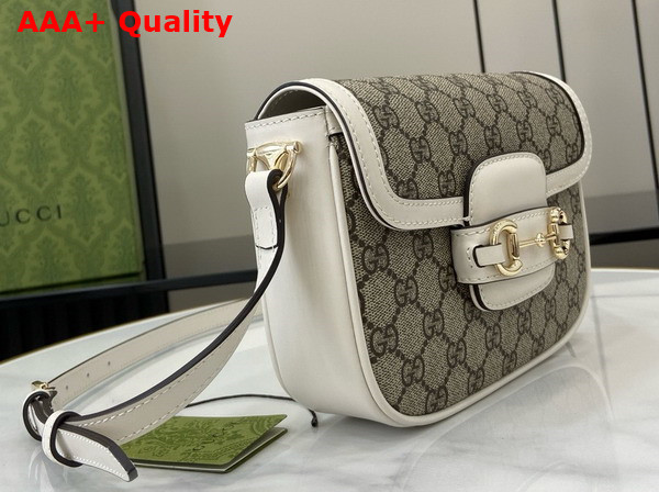 Gucci Horsebit 1955 Soft Mini Shoulder Bag in Beige and Dark Brown New GG Monogram Coated Fabric and White Leather Trim 815205 Replica