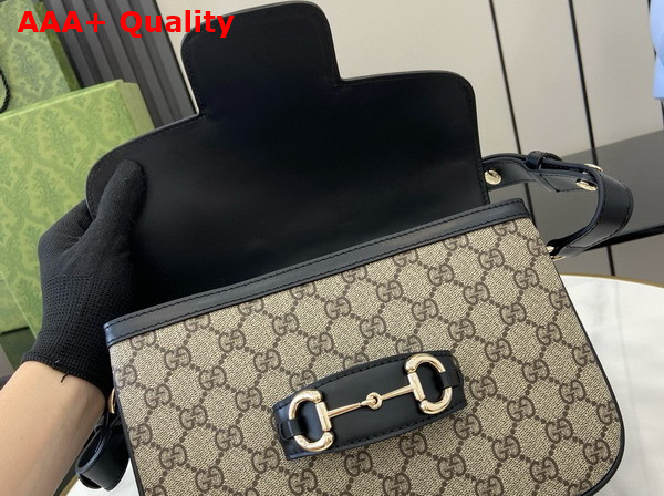 Gucci Horsebit 1955 Soft Small Shoulder Bag in Beige and Dark Brown New GG Monogram Coated Fabric and Black Leather Trim 815178 Replica