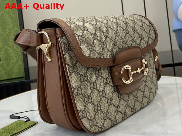 Gucci Horsebit 1955 Soft Small Shoulder Bag in Beige and Dark Brown New GG Monogram Coated Fabric and Brown Leather Trim 815178 Replica