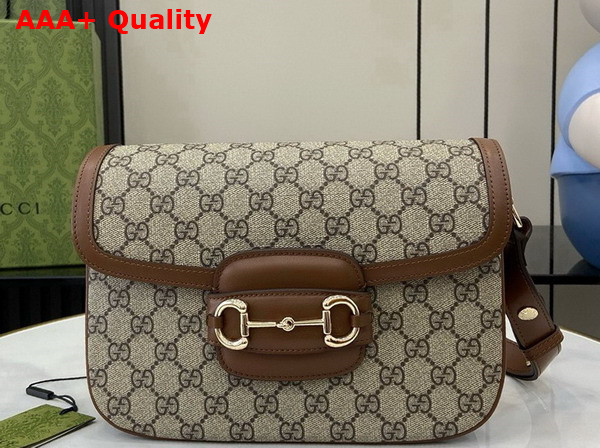 Gucci Horsebit 1955 Soft Small Shoulder Bag in Beige and Dark Brown New GG Monogram Coated Fabric and Brown Leather Trim 815178 Replica