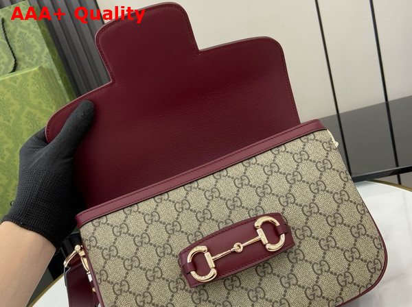 Gucci Horsebit 1955 Soft Small Shoulder Bag in Beige and Dark Brown New GG Monogram Coated Fabric and Rosso Ancora Red Leather Trim 815178 Replica