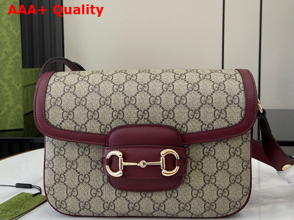 Gucci Horsebit 1955 Soft Small Shoulder Bag in Beige and Dark Brown New GG Monogram Coated Fabric and Rosso Ancora Red Leather Trim 815178 Replica