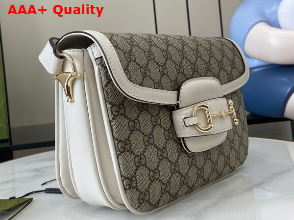 Gucci Horsebit 1955 Soft Small Shoulder Bag in Beige and Dark Brown New GG Monogram Coated Fabric and White Leather Trim 815178 Replica