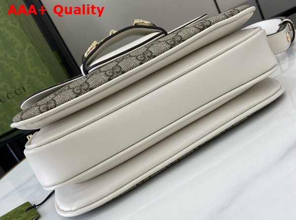 Gucci Horsebit 1955 Soft Small Shoulder Bag in Beige and Dark Brown New GG Monogram Coated Fabric and White Leather Trim 815178 Replica