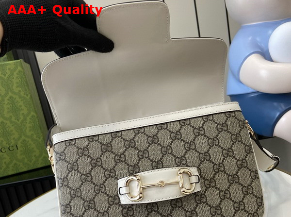 Gucci Horsebit 1955 Soft Small Shoulder Bag in Beige and Dark Brown New GG Monogram Coated Fabric and White Leather Trim 815178 Replica