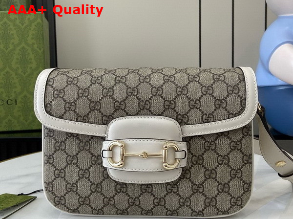 Gucci Horsebit 1955 Soft Small Shoulder Bag in Beige and Dark Brown New GG Monogram Coated Fabric and White Leather Trim 815178 Replica