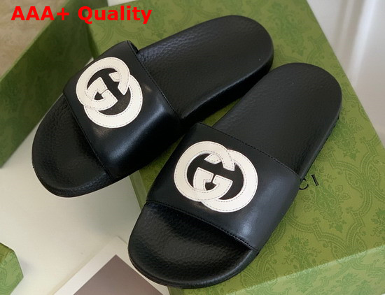 Gucci Interlocking G Leather Slide Sandal Black and White Leather 645770 Replica