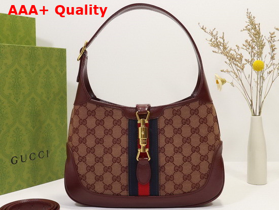 Gucci Jackie 1961 Small Shoulder Bag Beige and Burgundy Original GG Canvas 636706 Replica