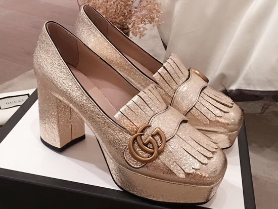 Gucci Laminate Leather Platform Pump with Fringe Metallic Laminate Leather 573020
