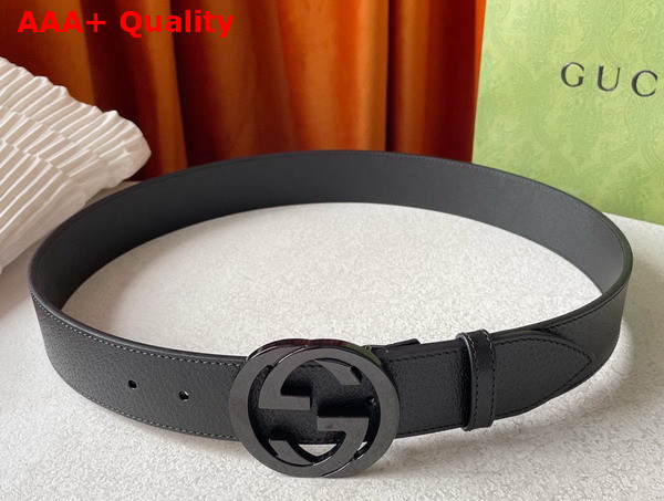 Gucci Leather Belt in Black with Shiny Interlocking G Buckle Replica