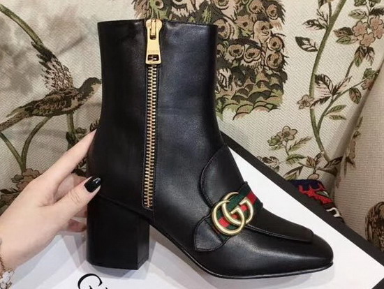Gucci Leather Mid Heel Ankle Boot in Black with Double G and Web