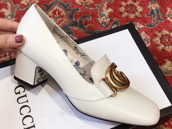Gucci Leather Mid Heel Pump with Double G White Leather 525333