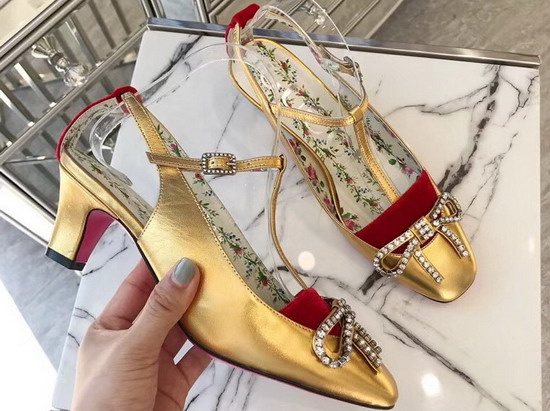 Gucci Leather and Velvet T Strap Mid Heel Pump Metallic Gold Leather