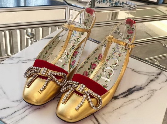 Gucci Leather and Velvet T Strap Mid Heel Pump Metallic Gold Leather
