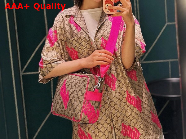 Gucci Medium Crossbody Bag with Print Beige and Dark Brown GG Monogram Coated Fabric Bright Pink Leather Trim 839380 Replica