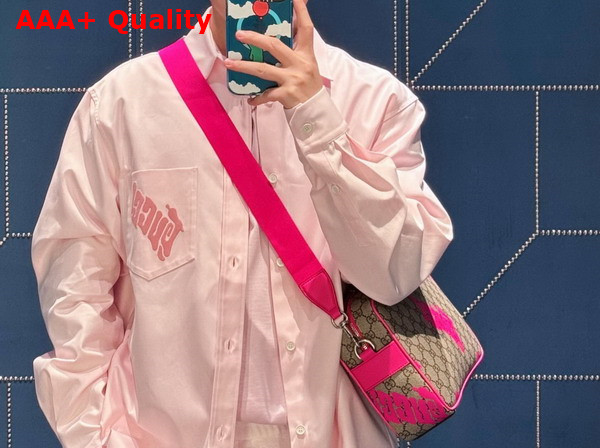 Gucci Medium Crossbody Bag with Print Beige and Dark Brown GG Monogram Coated Fabric Bright Pink Leather Trim 839380 Replica