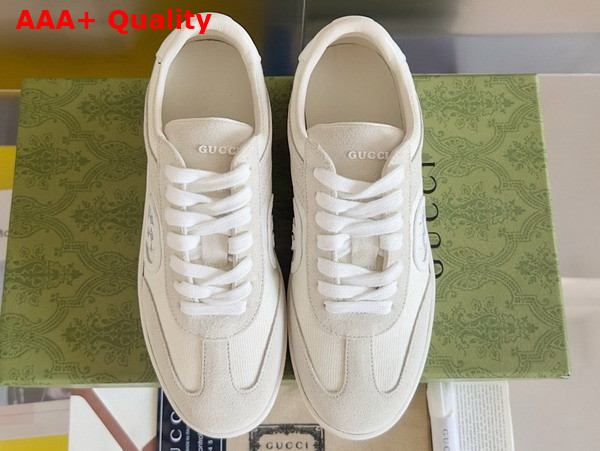 Gucci Mens Interlocking G Sneaker in White Suede and Canvas Insert Detail 791742 Replica