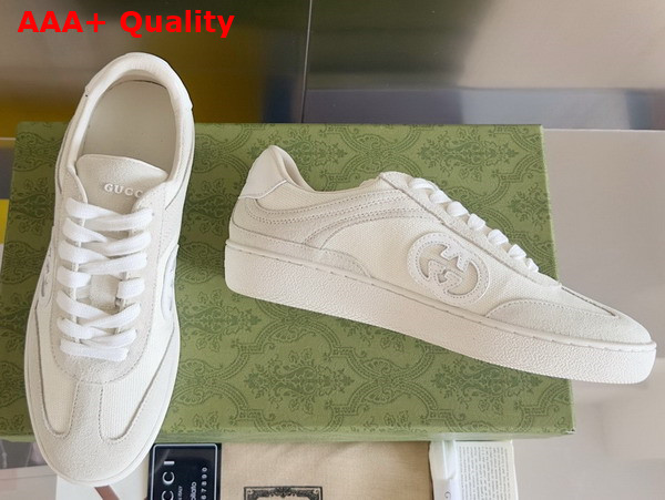 Gucci Mens Interlocking G Sneaker in White Suede and Canvas Insert Detail 791742 Replica