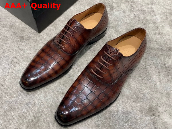 Gucci Mens Lace Up Shoes in Brown Crocodile Embossed Calfskin Replica