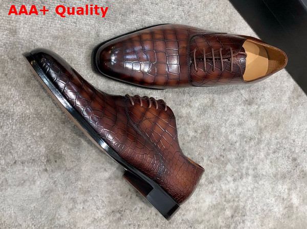 Gucci Mens Lace Up Shoes in Brown Crocodile Embossed Calfskin Replica