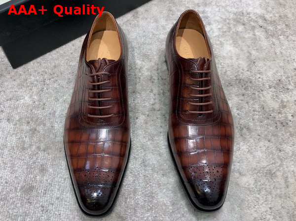 Gucci Mens Lace Up Shoes in Brown Perforated Crocodile Embossed Calfskin Replica