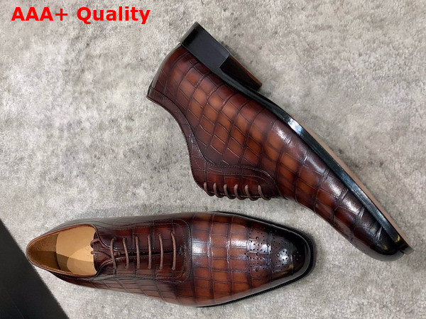 Gucci Mens Lace Up Shoes in Brown Perforated Crocodile Embossed Calfskin Replica