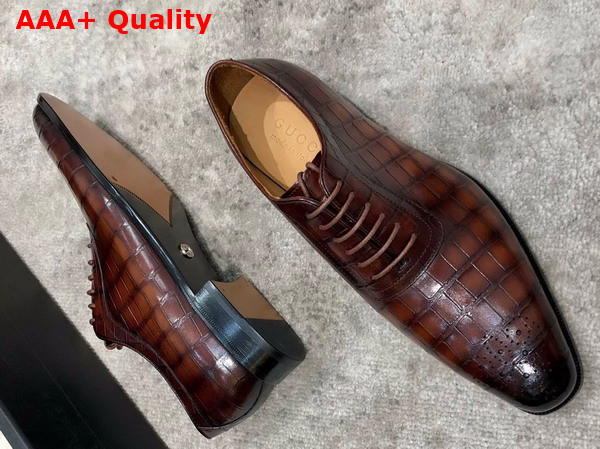 Gucci Mens Lace Up Shoes in Brown Perforated Crocodile Embossed Calfskin Replica
