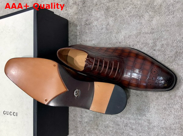 Gucci Mens Lace Up Shoes in Brown Perforated Crocodile Embossed Calfskin Replica