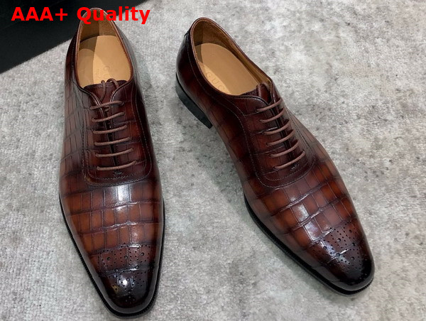 Gucci Mens Lace Up Shoes in Brown Perforated Crocodile Embossed Calfskin Replica