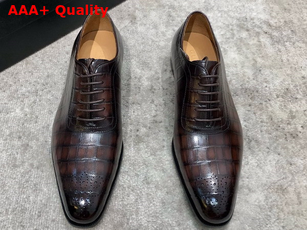 Gucci Mens Lace Up Shoes in Dark Brown Perforated Crocodile Embossed Calfskin Replica