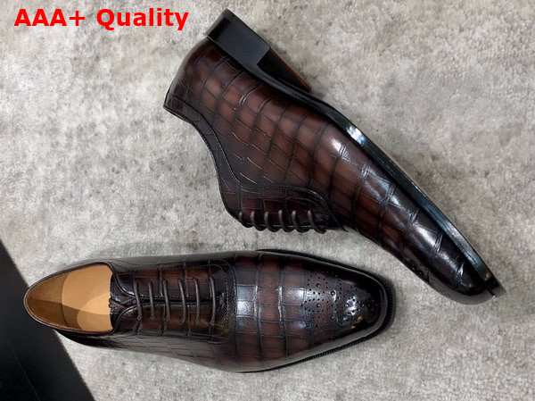 Gucci Mens Lace Up Shoes in Dark Brown Perforated Crocodile Embossed Calfskin Replica