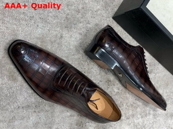 Gucci Mens Lace Up Shoes in Dark Brown Perforated Crocodile Embossed Calfskin Replica