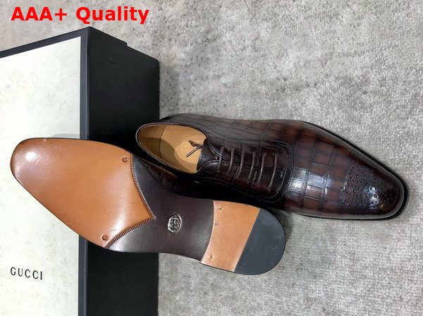 Gucci Mens Lace Up Shoes in Dark Brown Perforated Crocodile Embossed Calfskin Replica