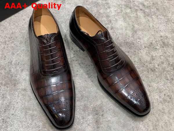Gucci Mens Lace Up Shoes in Dark Brown Perforated Crocodile Embossed Calfskin Replica