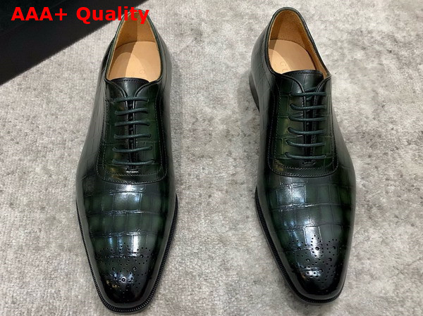 Gucci Mens Lace Up Shoes in Green Perforated Crocodile Embossed Calfskin Replica