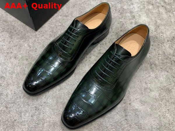 Gucci Mens Lace Up Shoes in Green Perforated Crocodile Embossed Calfskin Replica