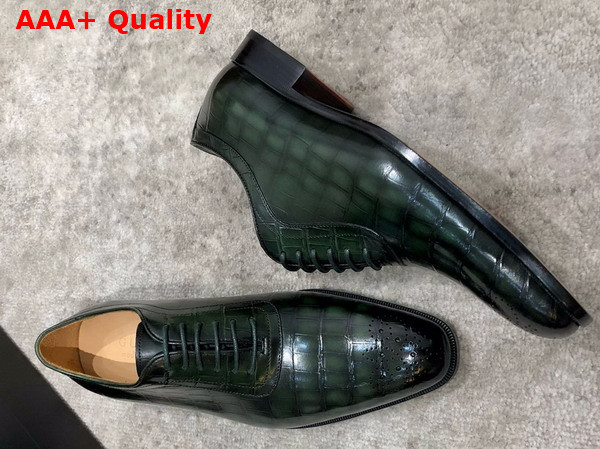 Gucci Mens Lace Up Shoes in Green Perforated Crocodile Embossed Calfskin Replica