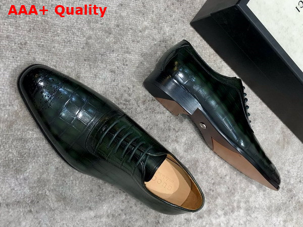 Gucci Mens Lace Up Shoes in Green Perforated Crocodile Embossed Calfskin Replica