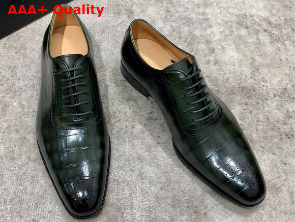 Gucci Mens Lace Up Shoes in Green Perforated Crocodile Embossed Calfskin Replica