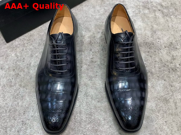 Gucci Mens Lace Up Shoes in Grey Perforated Crocodile Embossed Calfskin Replica
